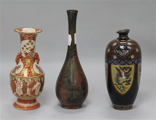 A Japanese bronze bottle vase, cloisonne enamel and a Kutani vase